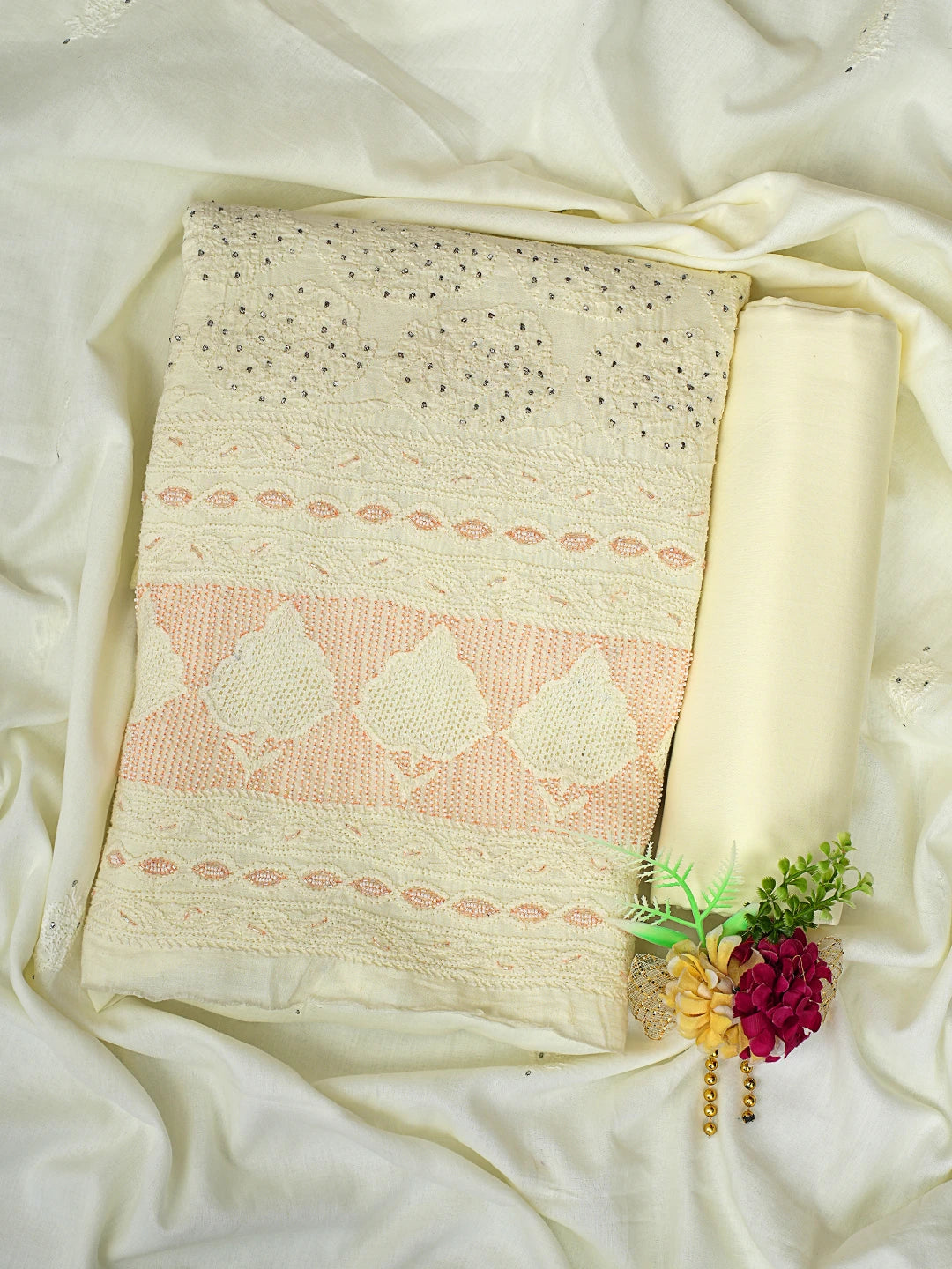 Ada Hand Embroidered Light Lemon Cotton Lucknowi Chikankari Unstitched Suit Set With Muqaish Work 01A8285