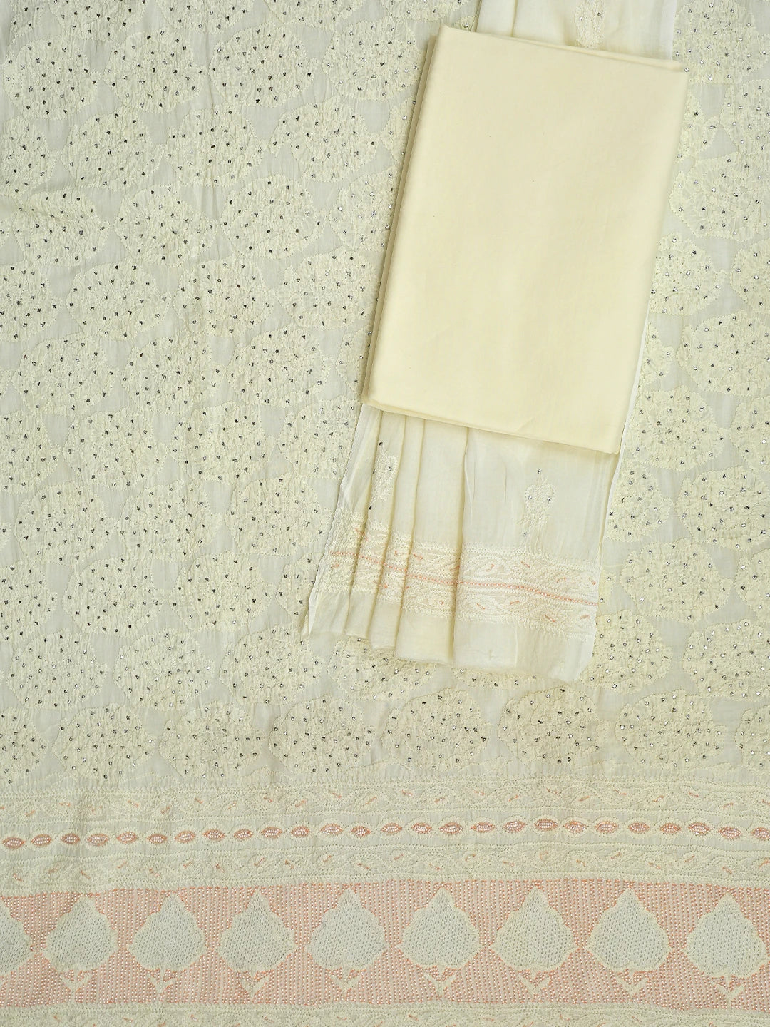 Ada Hand Embroidered Light Lemon Cotton Lucknowi Chikankari Unstitched Suit Set With Muqaish Work 01A8285