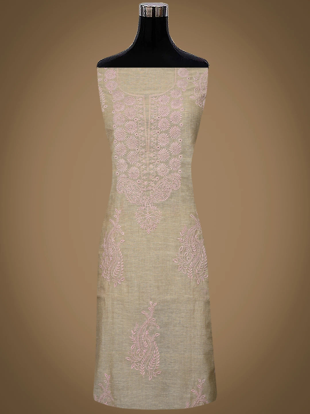 Ada Hand Embroidered Fawn Chanderi Lucknowi Chikankari Unstitched Kurta Dupatta Set 01A440329