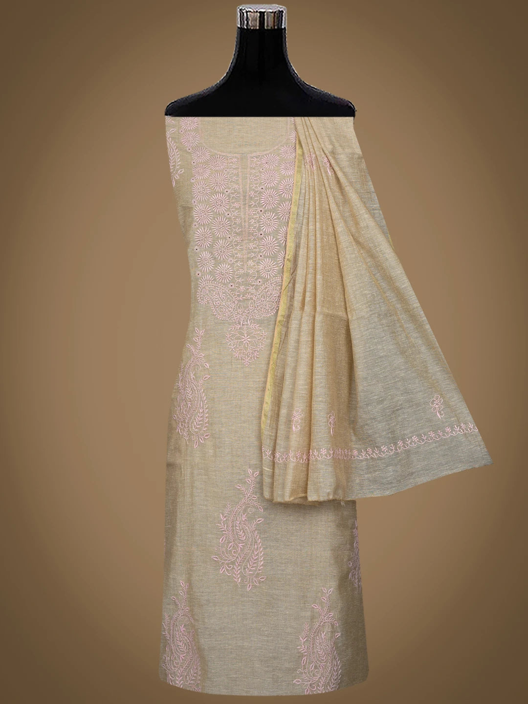 Ada Hand Embroidered Fawn Chanderi Lucknowi Chikankari Unstitched Kurta Dupatta Set 01A440329
