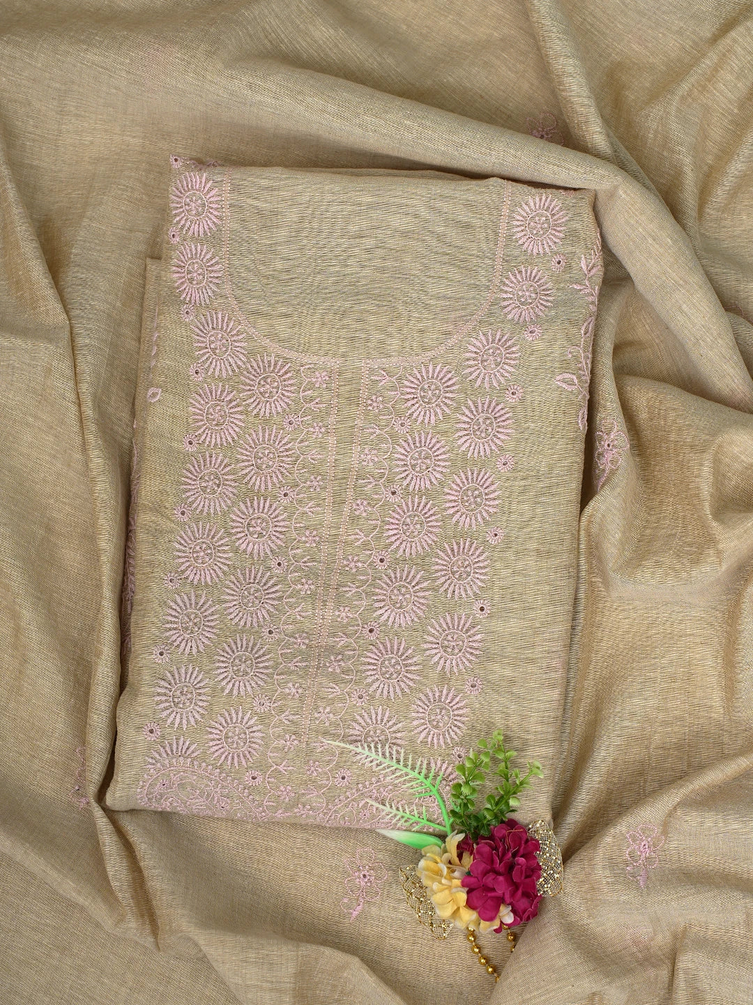 Ada Hand Embroidered Fawn Chanderi Lucknowi Chikankari Unstitched Kurta Dupatta Set 01A440329