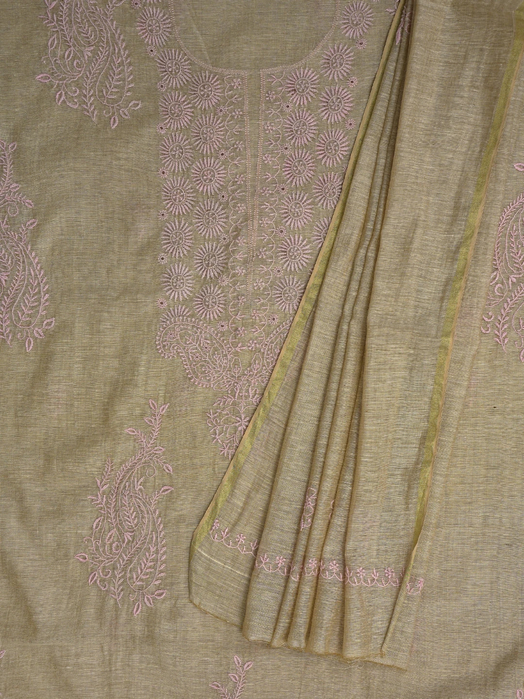 Ada Hand Embroidered Fawn Chanderi Lucknowi Chikankari Unstitched Kurta Dupatta Set 01A440329