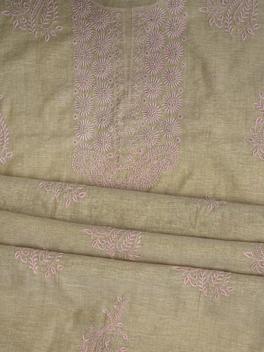 Ada Hand Embroidered Fawn Chanderi Lucknowi Chikankari Unstitched Kurta Dupatta Set 01A440329