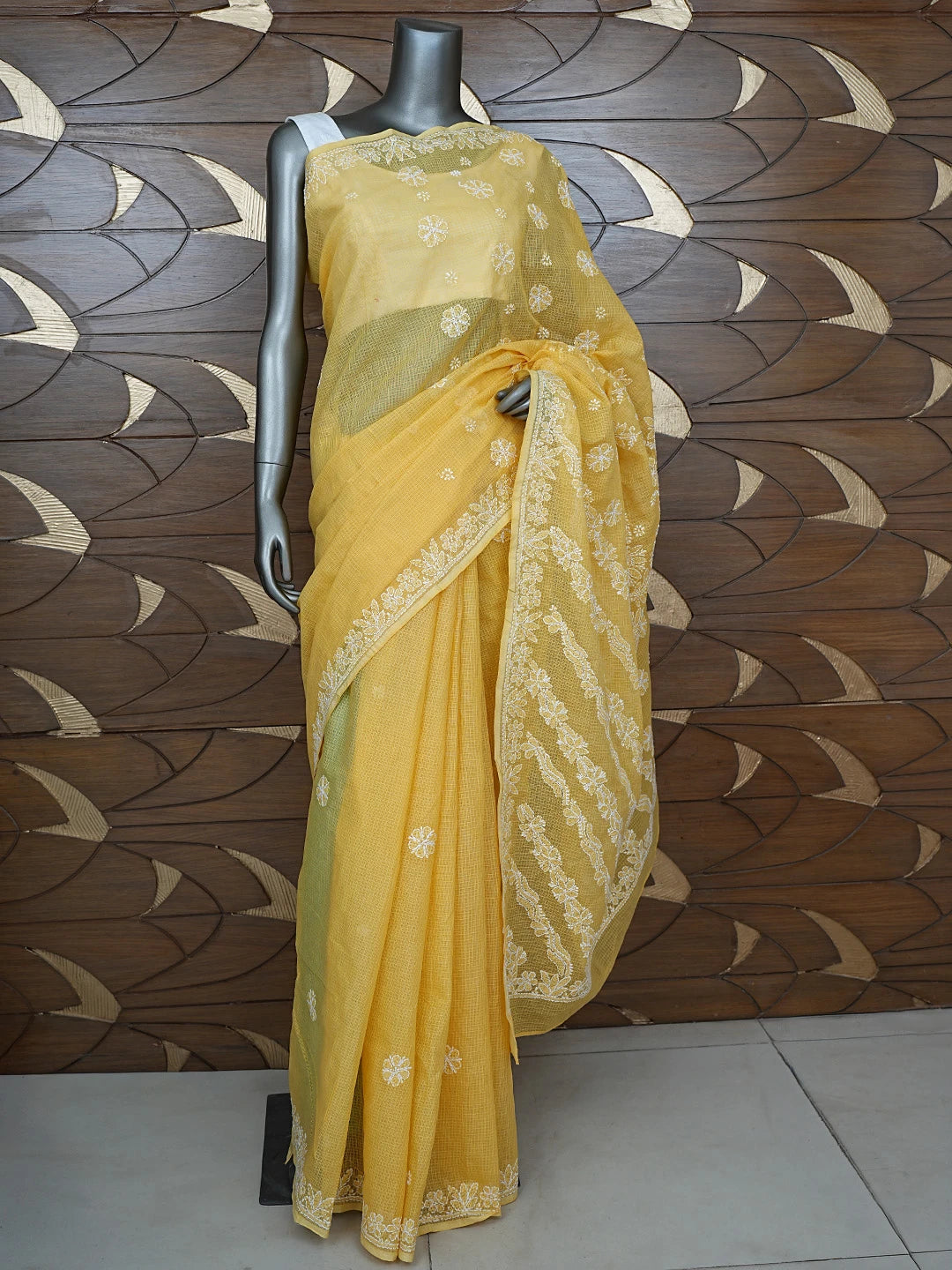 Ada Hand Embroidered Mustard Kota Lucknowi Chikankari Saree With Blouse 01A844068