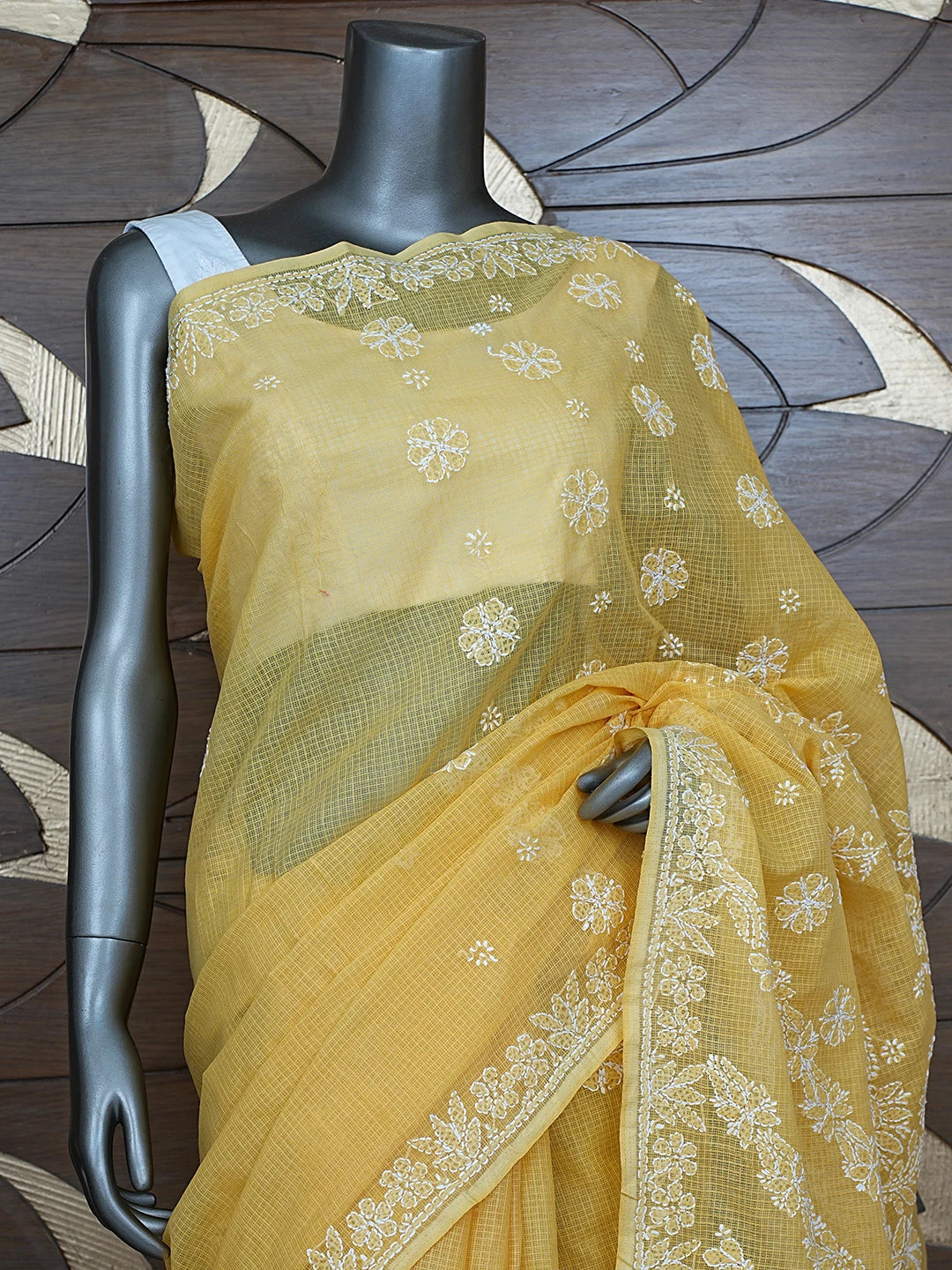 Ada Hand Embroidered Mustard Kota Lucknowi Chikankari Saree With Blouse 01A844068