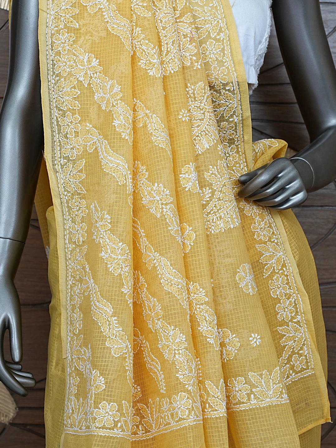 Ada Hand Embroidered Mustard Kota Lucknowi Chikankari Saree With Blouse 01A844068
