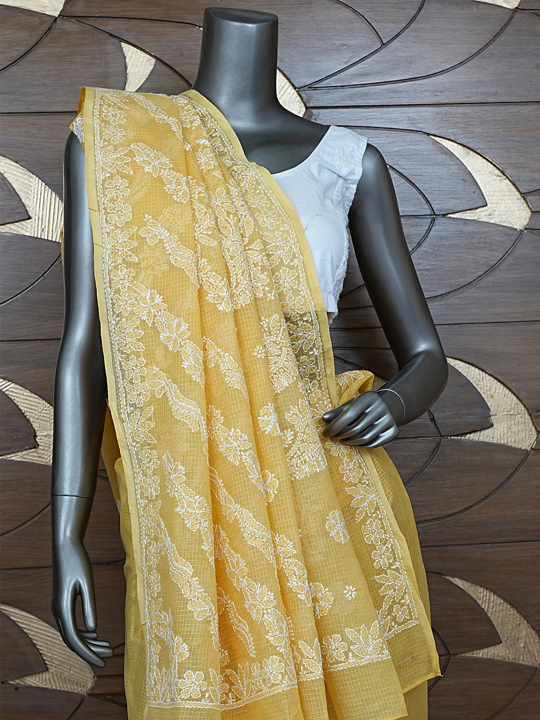 Ada Hand Embroidered Mustard Kota Lucknowi Chikankari Saree With Blouse 01A844068