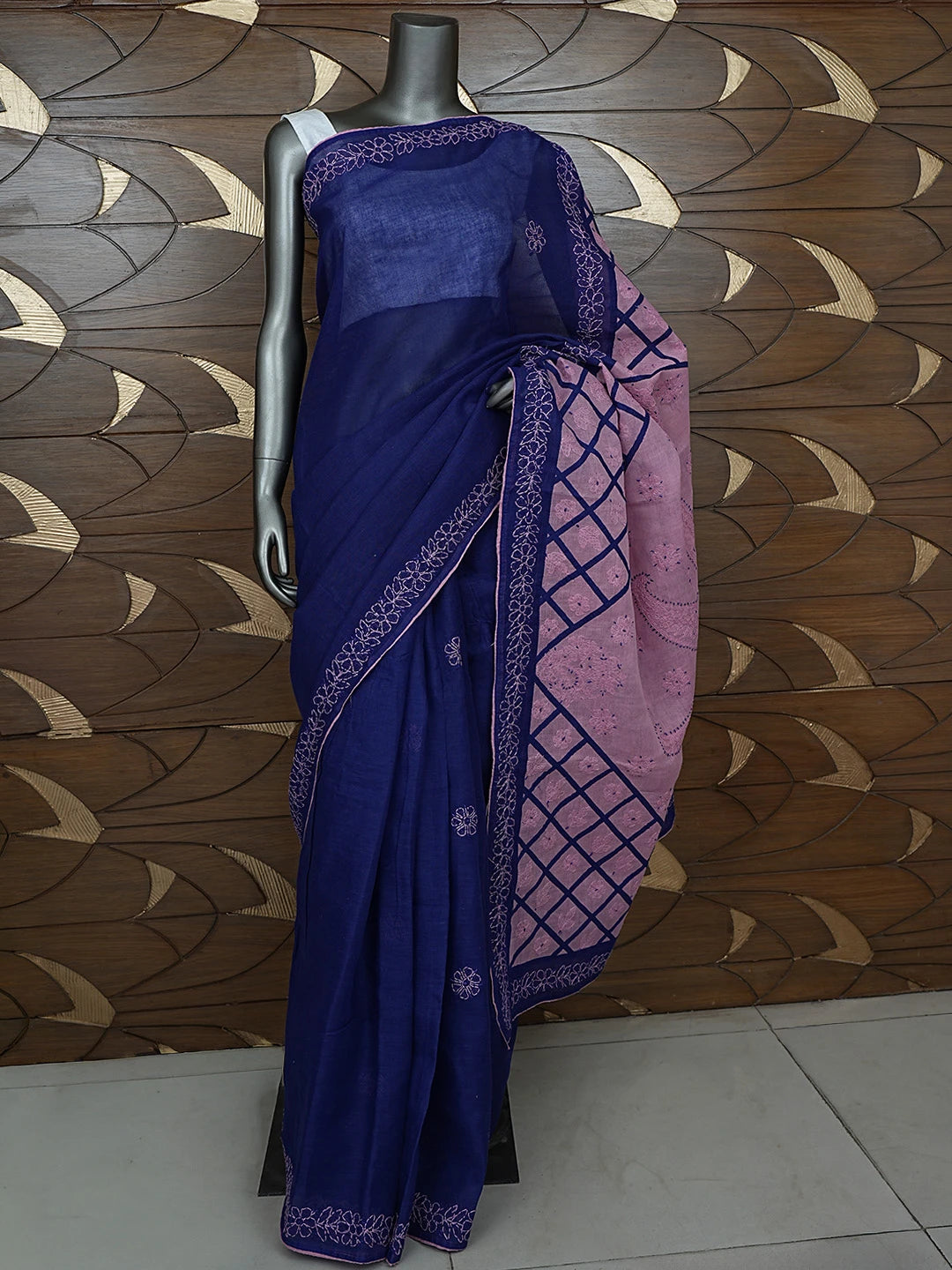 Ada Hand Embroidered Navy Blue Cotton Lucknowi Chikankari Saree With Blouse 01A853498