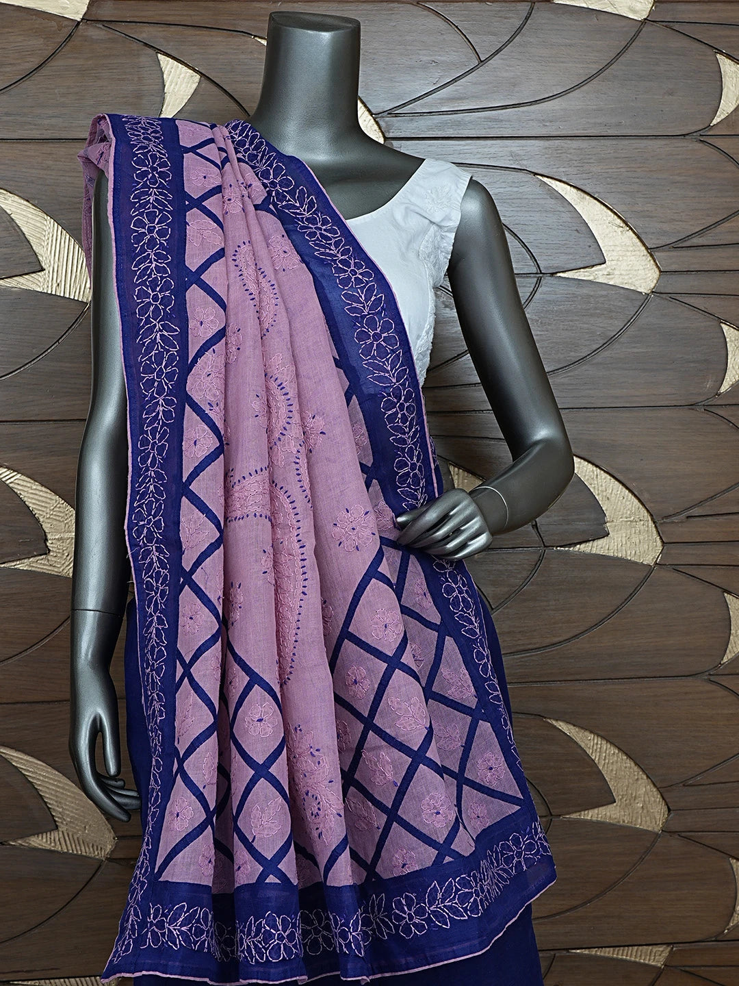 Ada Hand Embroidered Navy Blue Cotton Lucknowi Chikankari Saree With Blouse 01A853498