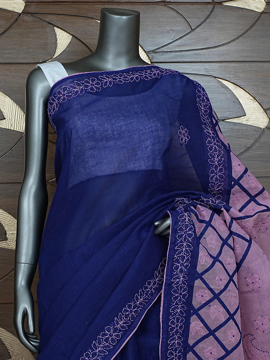 Ada Hand Embroidered Navy Blue Cotton Lucknowi Chikankari Saree With Blouse 01A853498