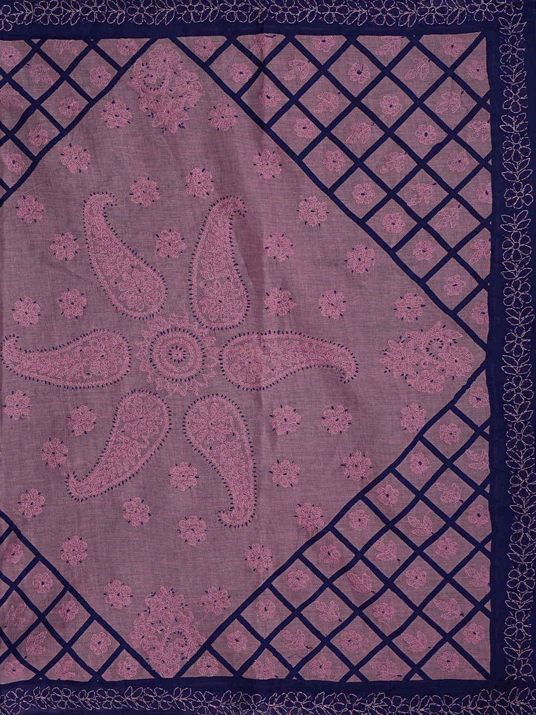 Ada Hand Embroidered Navy Blue Cotton Lucknowi Chikankari Saree With Blouse 01A853498