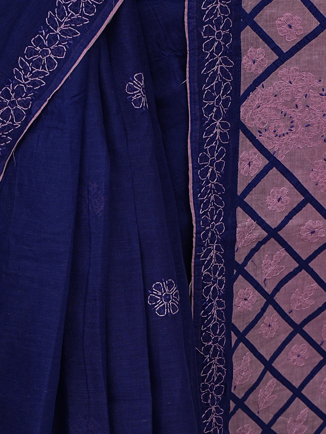 Ada Hand Embroidered Navy Blue Cotton Lucknowi Chikankari Saree With Blouse 01A853498