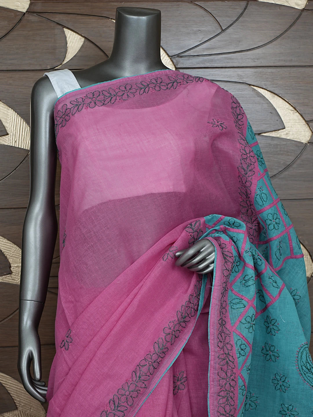 Ada Hand Embroidered Rouge Pink Cotton Lucknowi Chikankari Saree With Blouse 01A853493