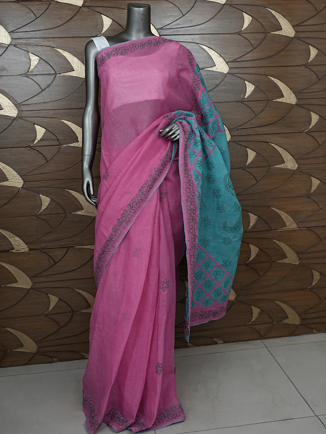 Ada Hand Embroidered Rouge Pink Cotton Lucknowi Chikankari Saree With Blouse 01A853493