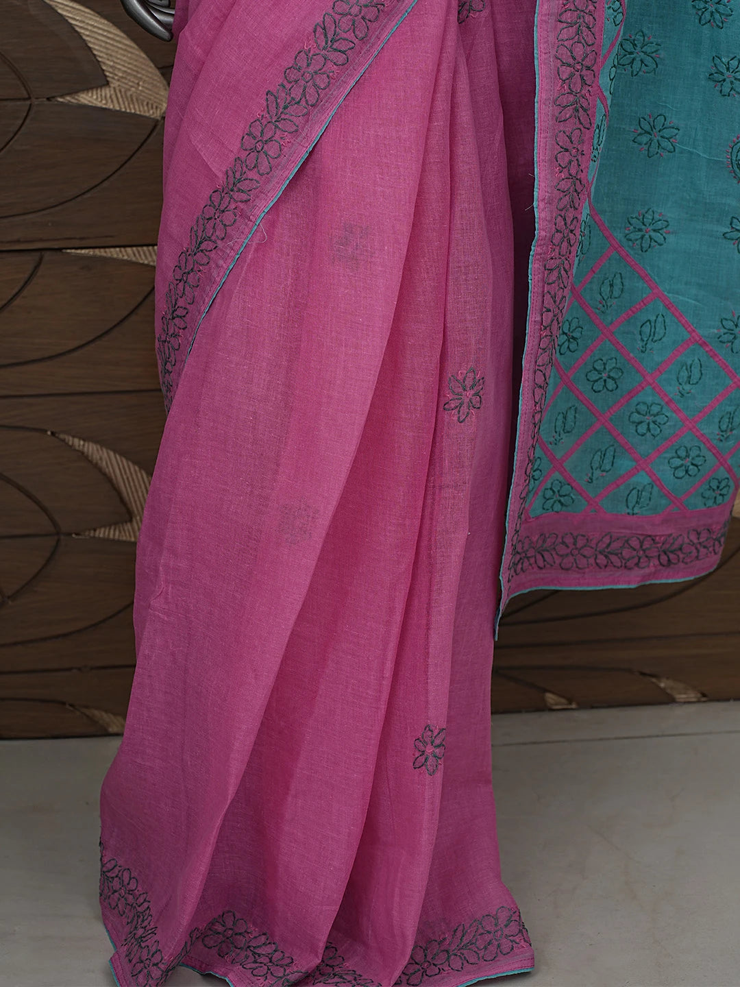 Ada Hand Embroidered Rouge Pink Cotton Lucknowi Chikankari Saree With Blouse 01A853493