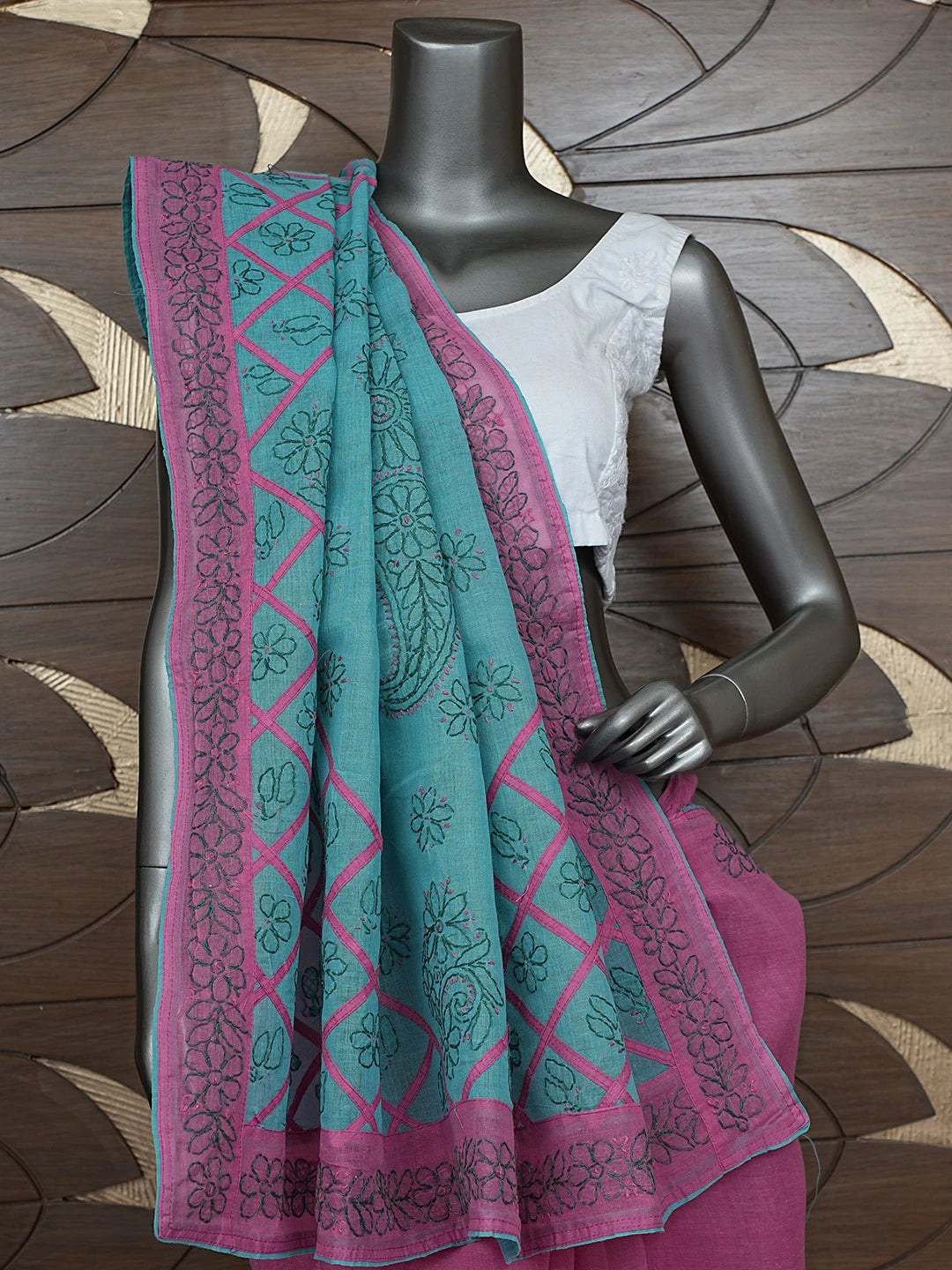 Ada Hand Embroidered Rouge Pink Cotton Lucknowi Chikankari Saree With Blouse 01A853493