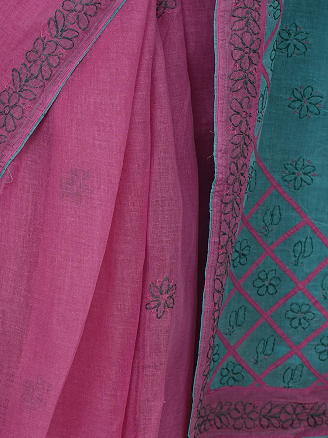 Ada Hand Embroidered Rouge Pink Cotton Lucknowi Chikankari Saree With Blouse 01A853493