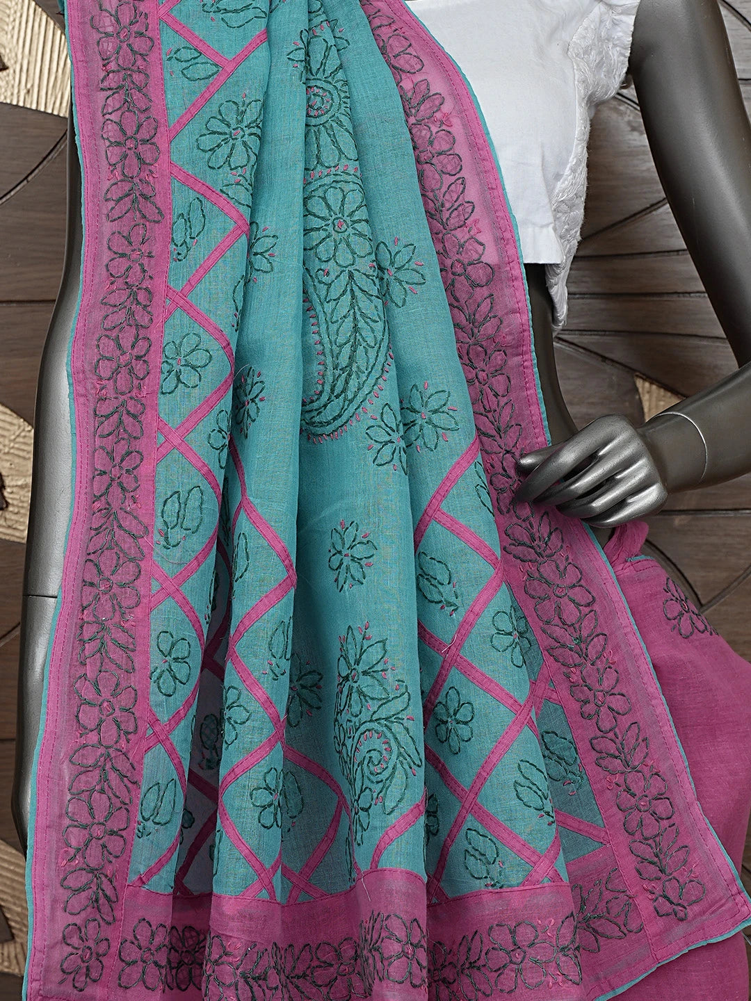 Ada Hand Embroidered Rouge Pink Cotton Lucknowi Chikankari Saree With Blouse 01A853493
