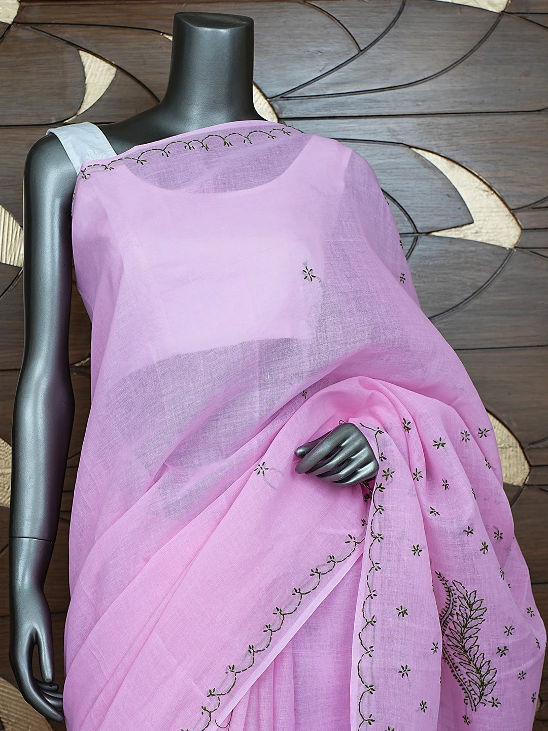 Ada Hand Embroidered Pink Cotton Lucknowi Chikankari Saree and Blouse 01A854460