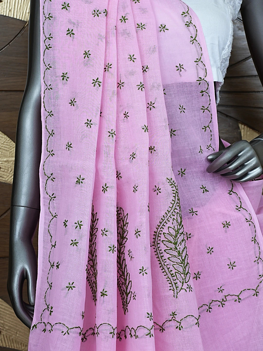Ada Hand Embroidered Pink Cotton Lucknowi Chikankari Saree and Blouse 01A854460