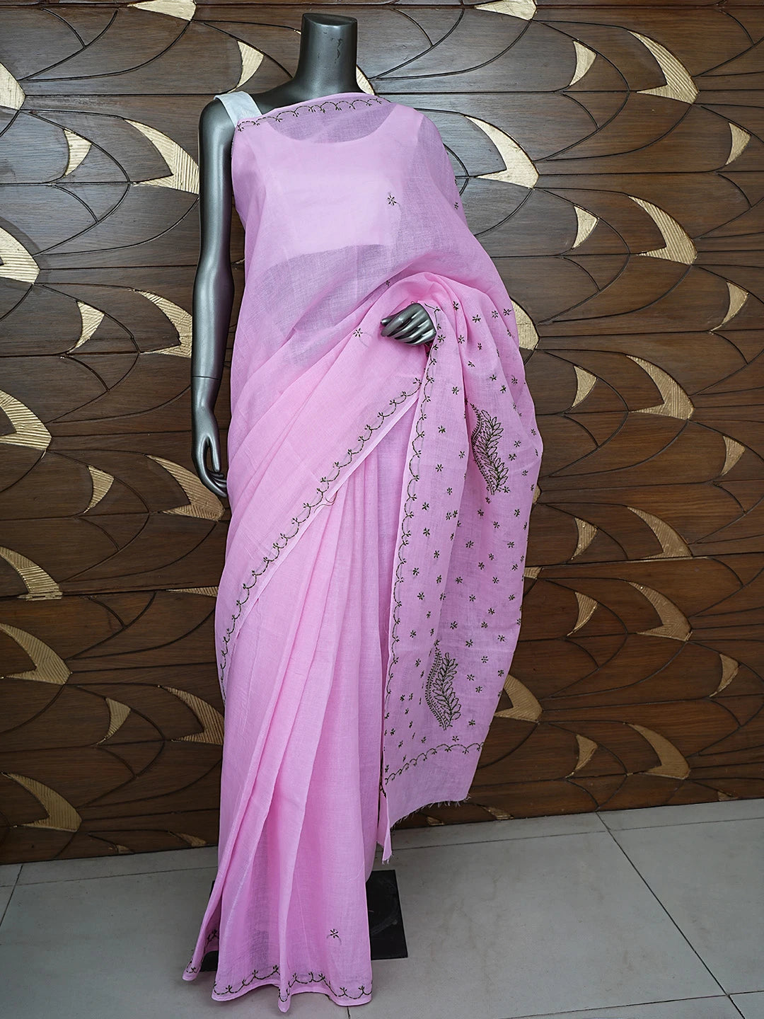 Ada Hand Embroidered Pink Cotton Lucknowi Chikankari Saree and Blouse 01A854460