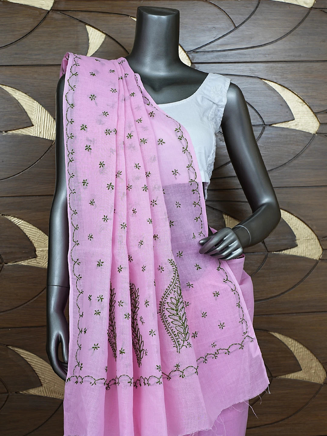 Ada Hand Embroidered Pink Cotton Lucknowi Chikankari Saree and Blouse 01A854460