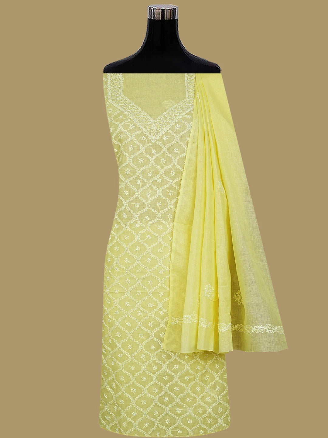Ada Hand Embroidered Lemon Cotton Lucknowi Chikankari Unstitched Suit Piece 01A854954