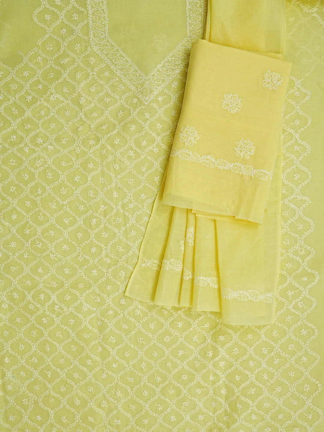 Ada Hand Embroidered Lemon Cotton Lucknowi Chikankari Unstitched Suit Piece 01A854954