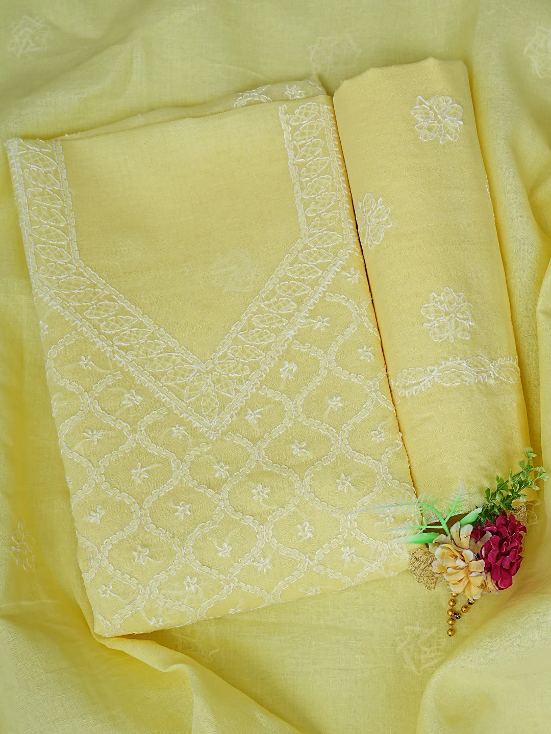 Ada Hand Embroidered Lemon Cotton Lucknowi Chikankari Unstitched Suit Piece 01A854954
