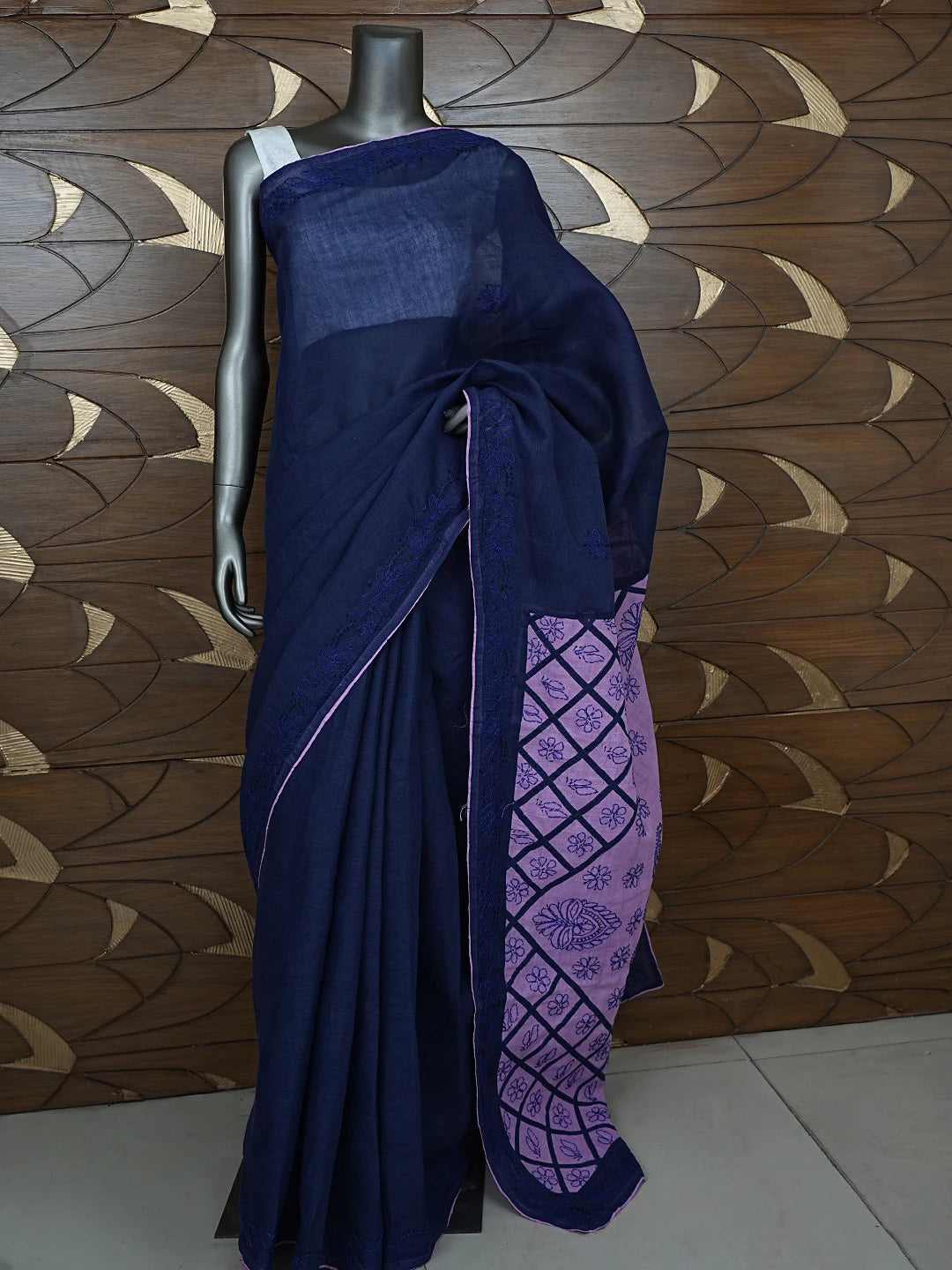 Ada Hand Embroidered Navy Blue Cotton Lucknowi Chikankari Saree and Blouse 01A853497