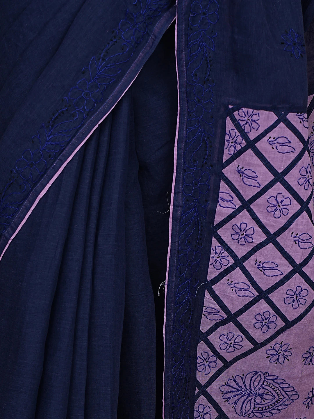 Ada Hand Embroidered Navy Blue Cotton Lucknowi Chikankari Saree and Blouse 01A853497