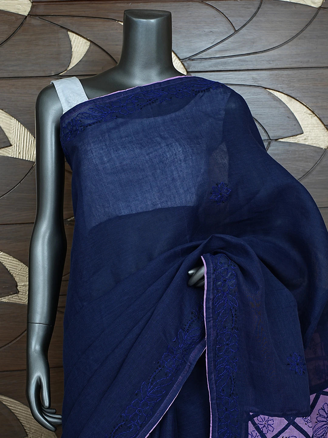 Ada Hand Embroidered Navy Blue Cotton Lucknowi Chikankari Saree and Blouse 01A853497