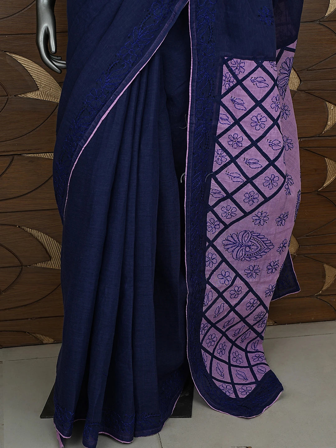 Ada Hand Embroidered Navy Blue Cotton Lucknowi Chikankari Saree and Blouse 01A853497