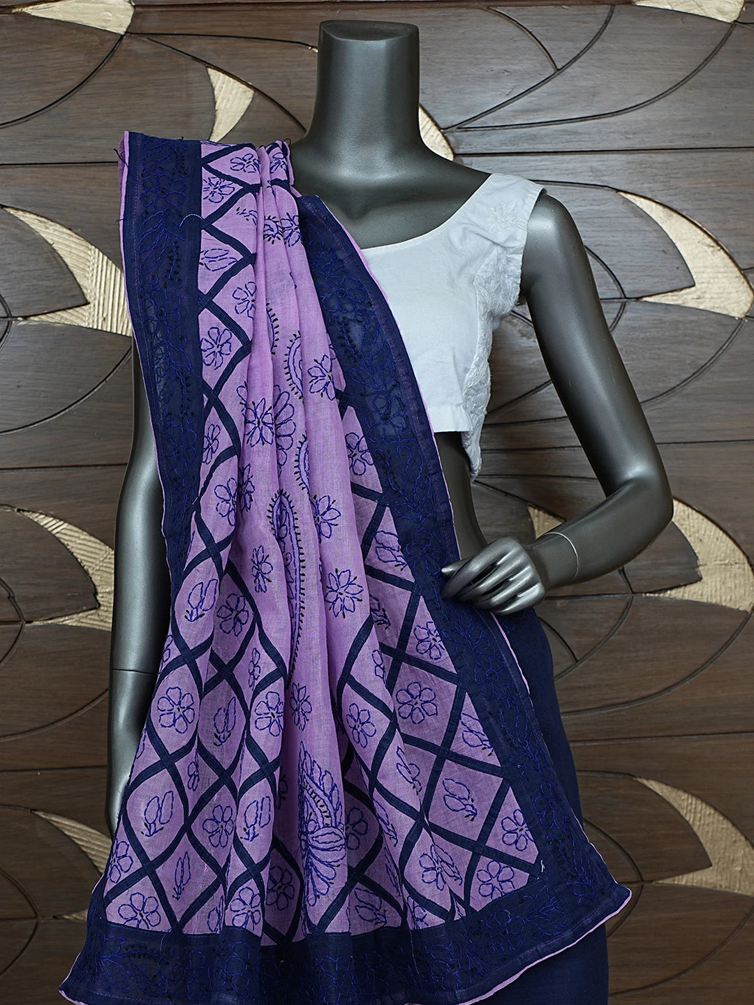 Ada Hand Embroidered Navy Blue Cotton Lucknowi Chikankari Saree and Blouse 01A853497