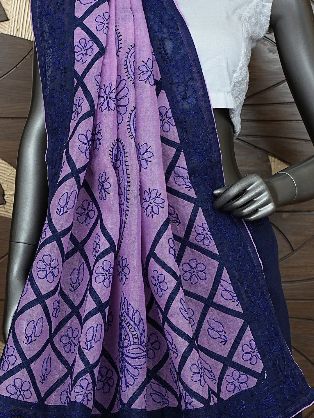 Ada Hand Embroidered Navy Blue Cotton Lucknowi Chikankari Saree and Blouse 01A853497