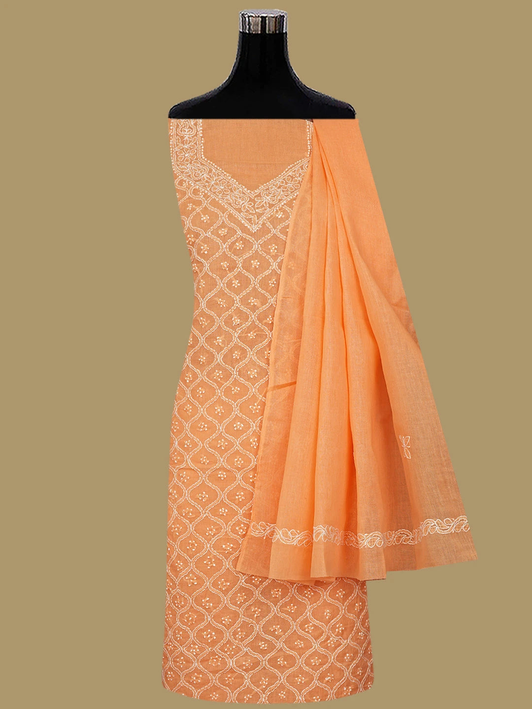 Ada Hand Embroidered Bright Peach Cotton Lucknowi Chikankari Unstitched Suit Piece 01A854940