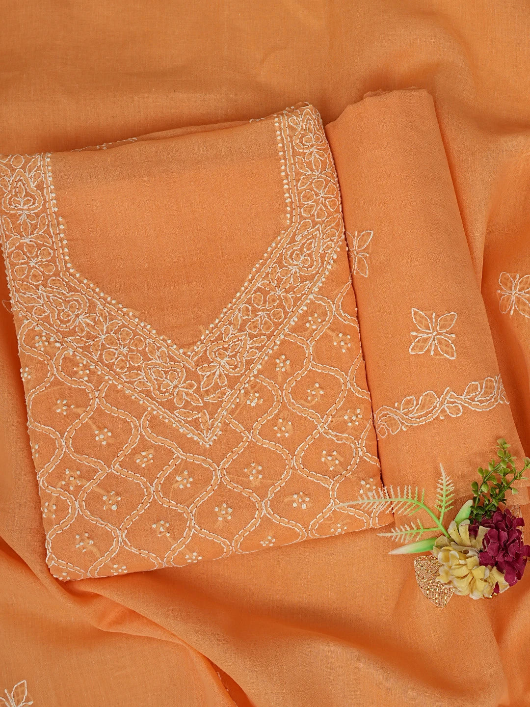 Ada Hand Embroidered Bright Peach Cotton Lucknowi Chikankari Unstitched Suit Piece 01A854940