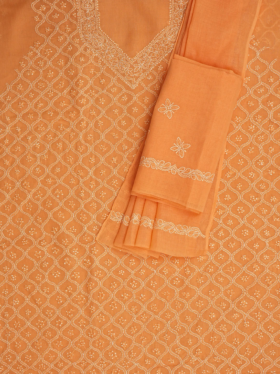 Ada Hand Embroidered Bright Peach Cotton Lucknowi Chikankari Unstitched Suit Piece 01A854940