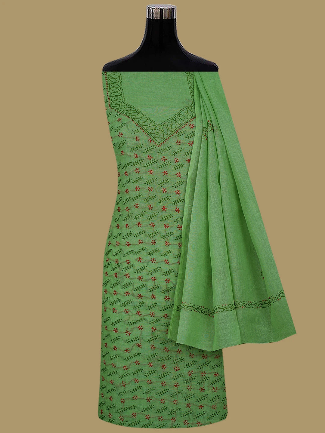 Ada Hand Embroidered Green Cotton Lucknowi Chikankari Unstitched Suit Piece 01A853450