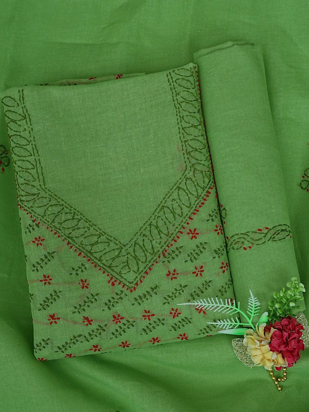 Ada Hand Embroidered Green Cotton Lucknowi Chikankari Unstitched Suit Piece 01A853450