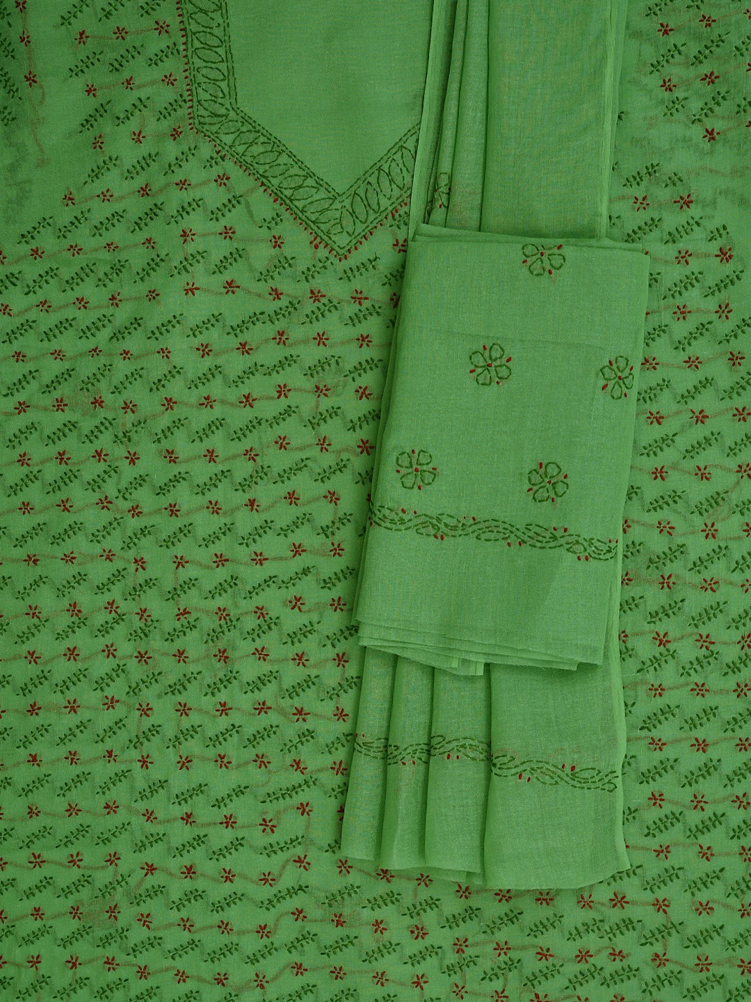 Ada Hand Embroidered Green Cotton Lucknowi Chikankari Unstitched Suit Piece 01A853450