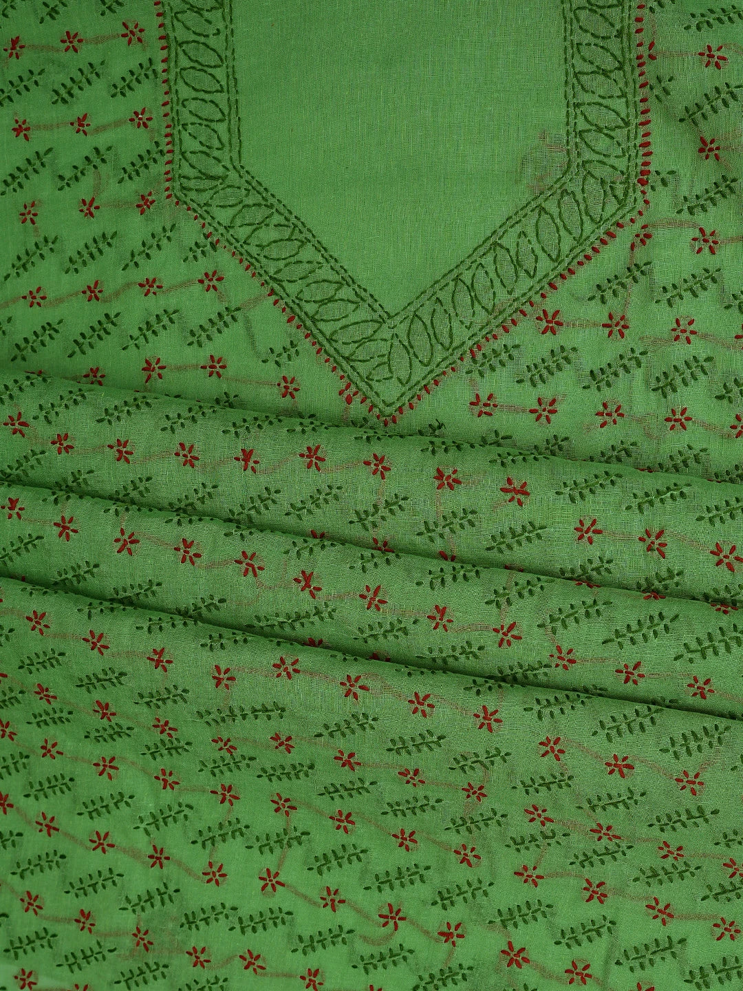 Ada Hand Embroidered Green Cotton Lucknowi Chikankari Unstitched Suit Piece 01A853450