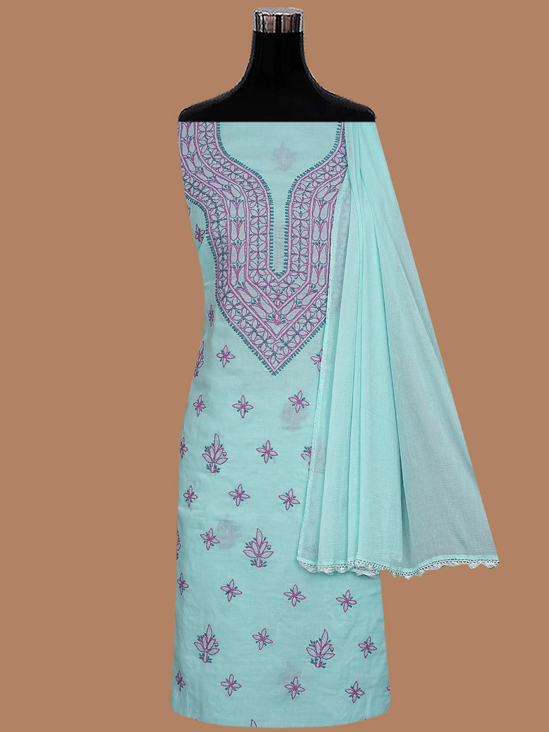 Ada Hand Embroidered Baby Blue Cotton Lucknowi Chikankari Unstitched Suit Piece 01A861520