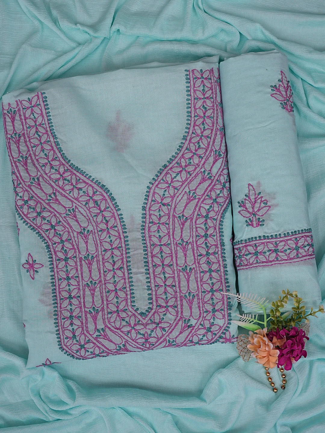 Ada Hand Embroidered Baby Blue Cotton Lucknowi Chikankari Unstitched Suit Piece 01A861520
