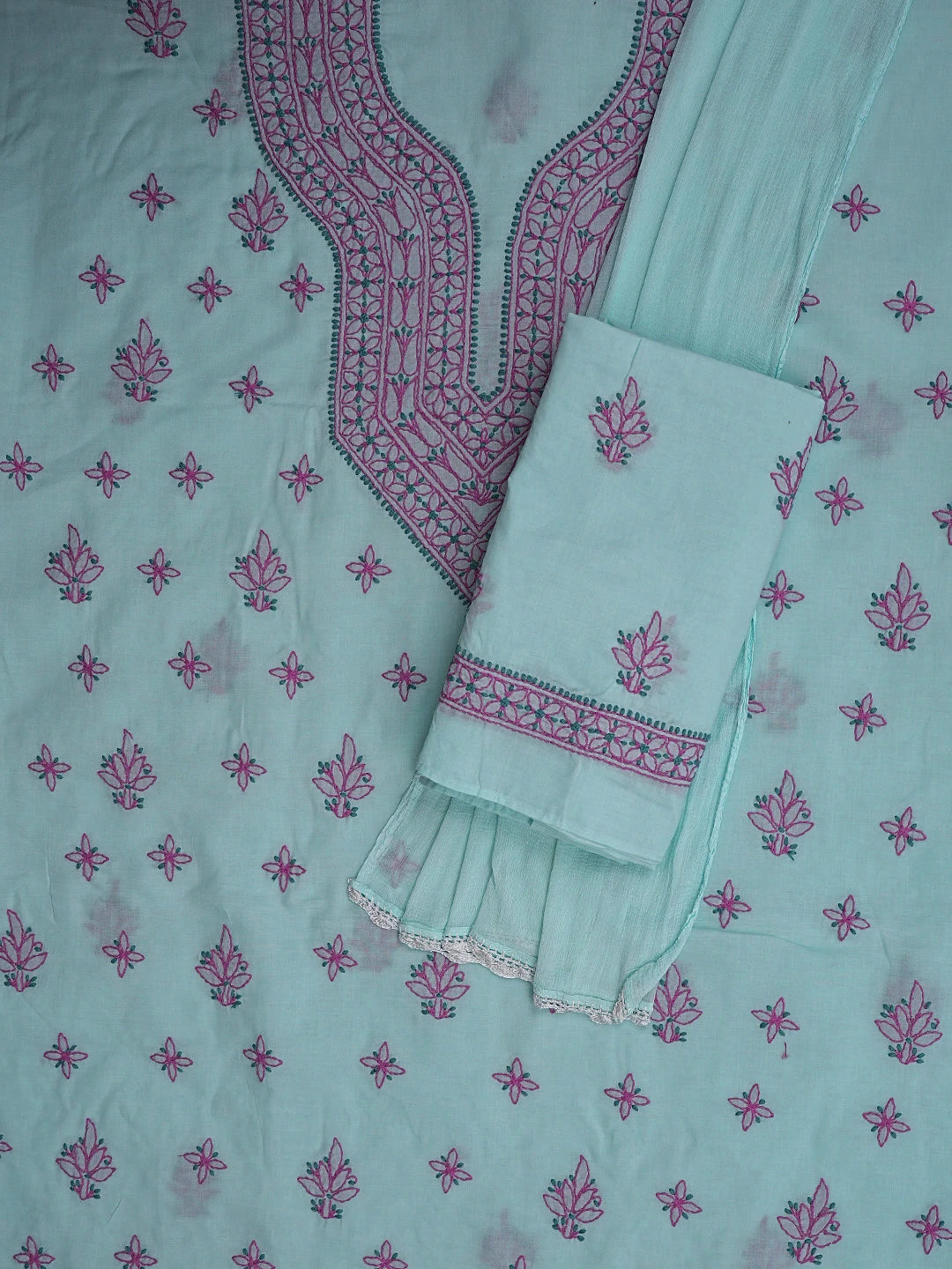 Ada Hand Embroidered Baby Blue Cotton Lucknowi Chikankari Unstitched Suit Piece 01A861520