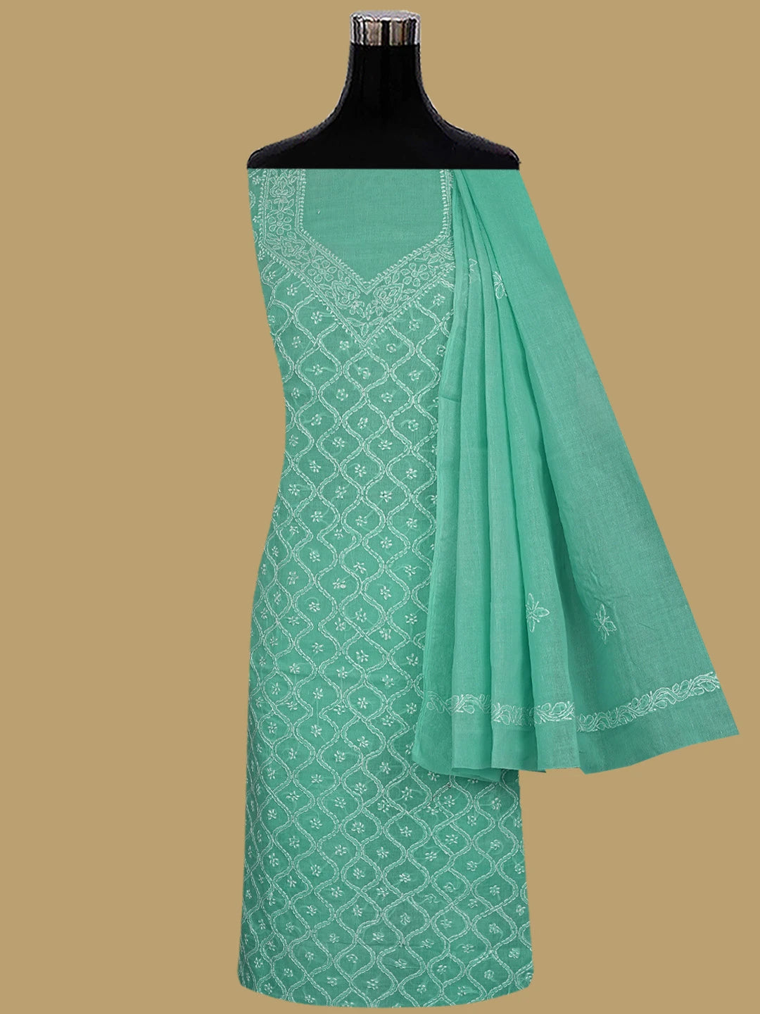Ada Hand Embroidered Dark Sea Green Cotton Lucknowi Chikankari Unstitched Suit Piece 01A854942
