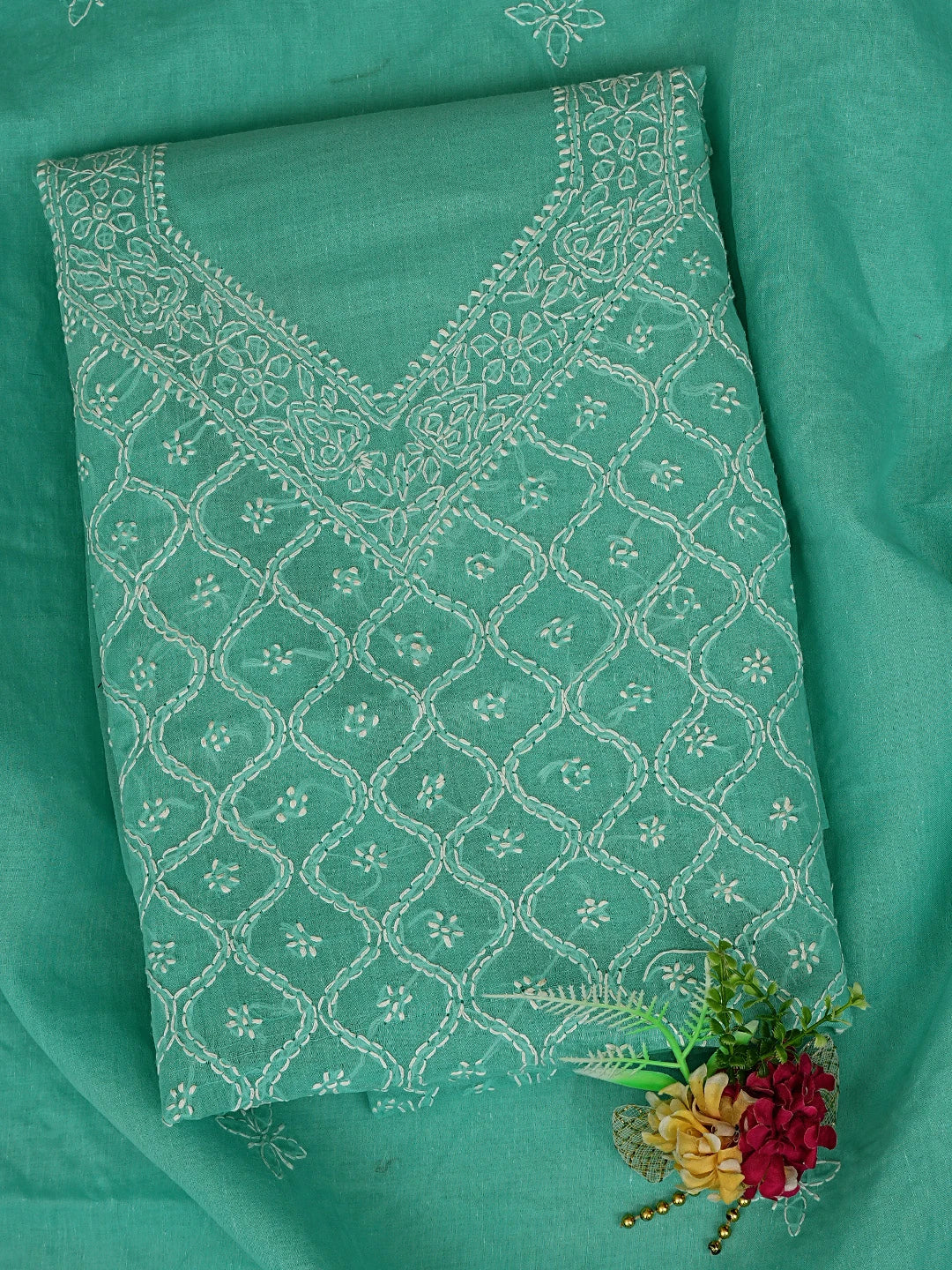 Ada Hand Embroidered Dark Sea Green Cotton Lucknowi Chikankari Unstitched Suit Piece 01A854942