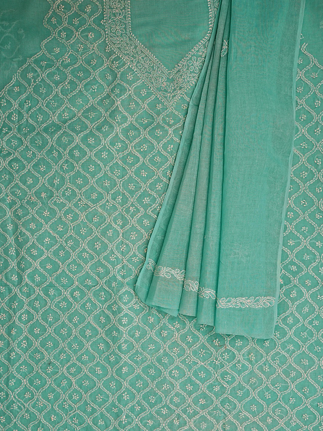 Ada Hand Embroidered Dark Sea Green Cotton Lucknowi Chikankari Unstitched Suit Piece 01A854942