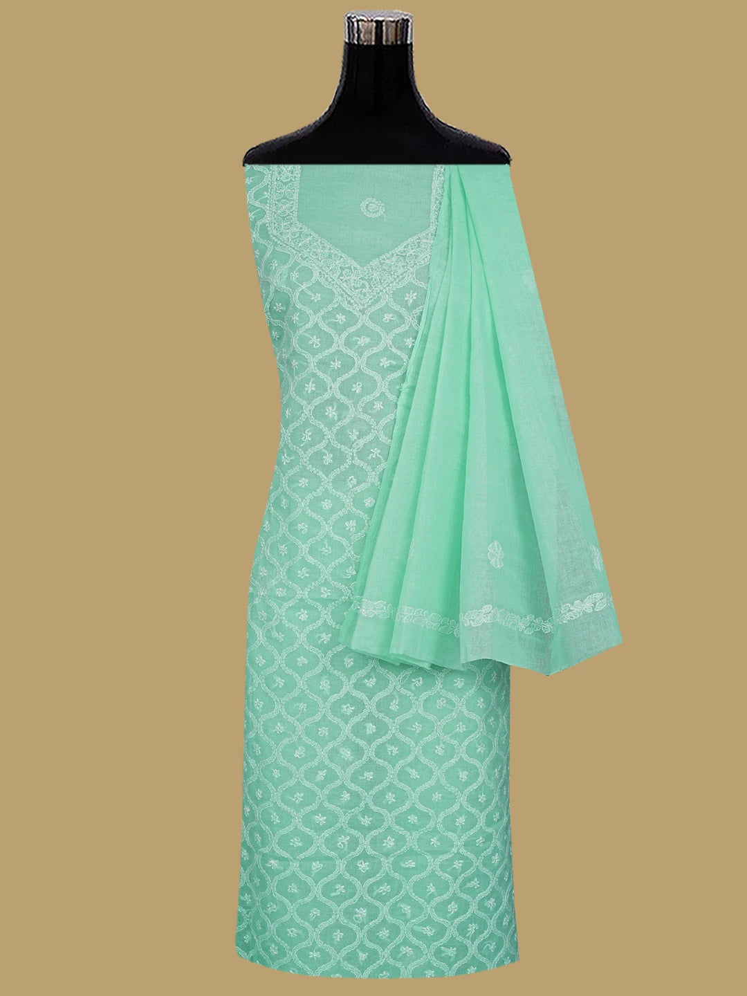 Ada Hand Embroidered Sea Green Cotton Lucknowi Chikankari Unstitched Suit Piece 01A854941