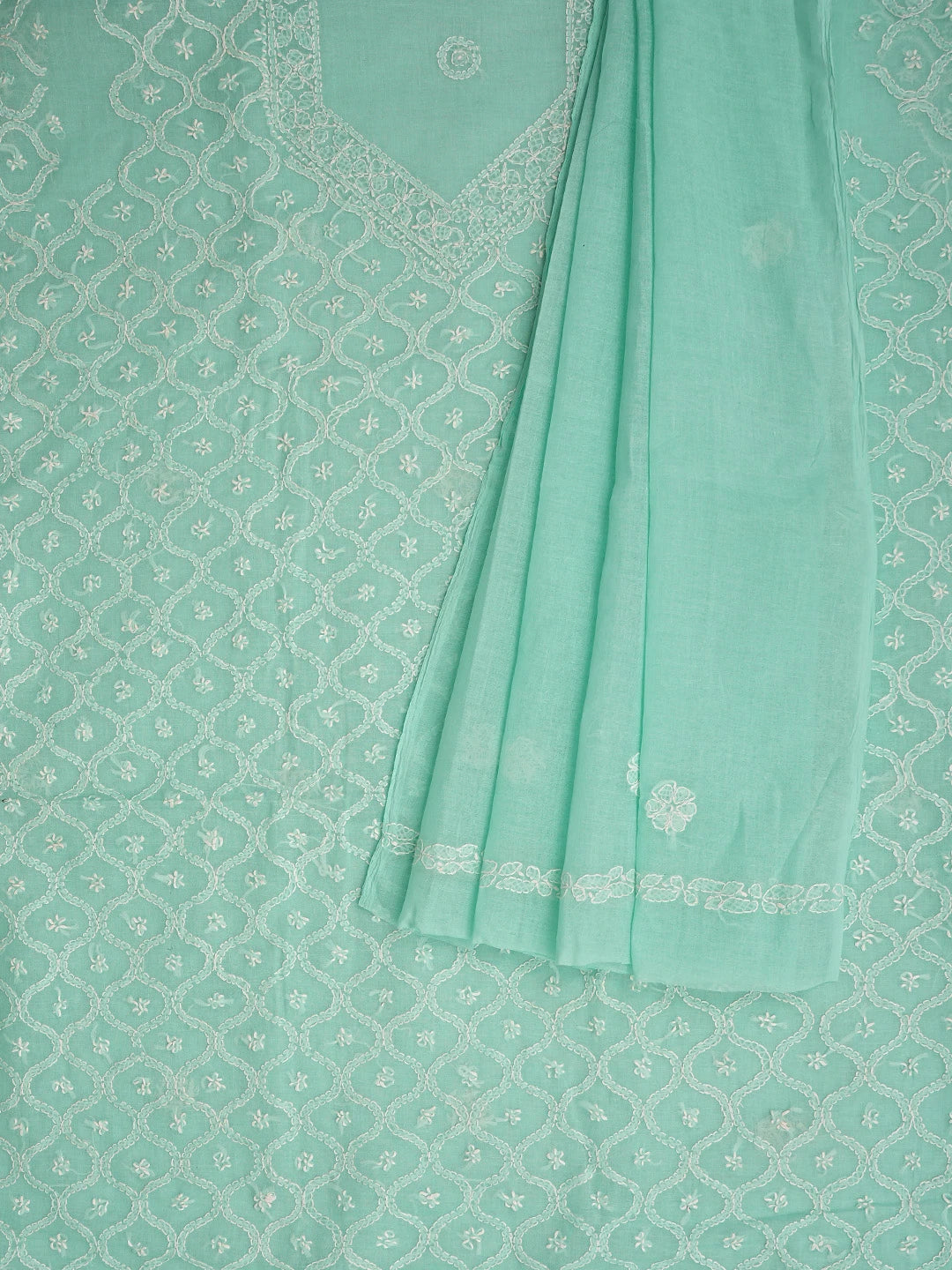 Ada Hand Embroidered Sea Green Cotton Lucknowi Chikankari Unstitched Suit Piece 01A854941
